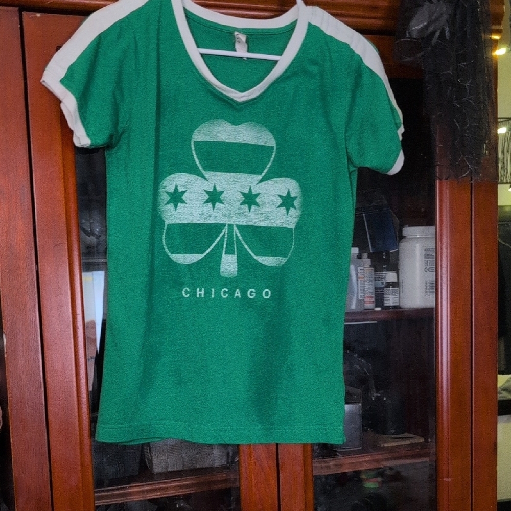 Green and White Short Sleeve Tee with Shamrock Design
